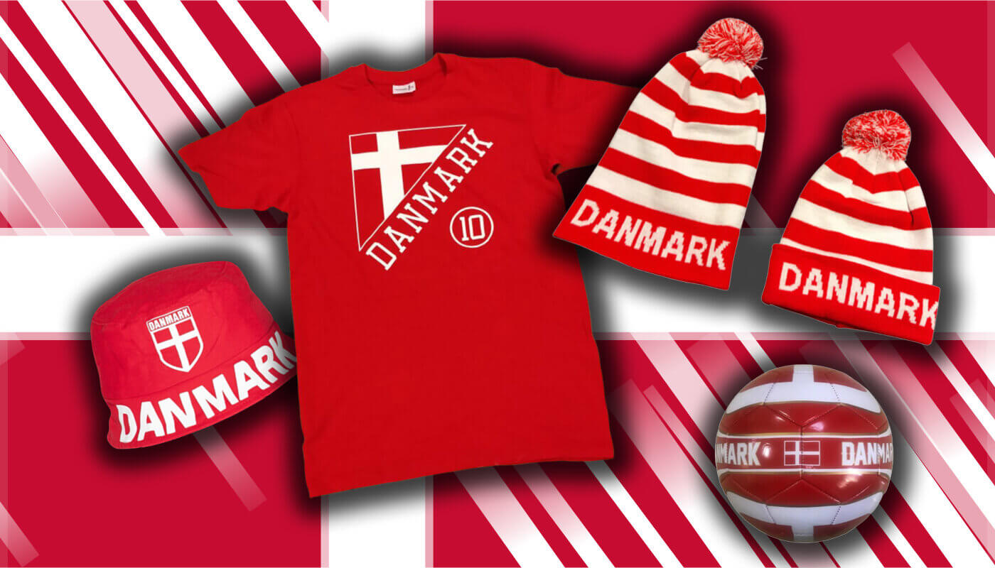 Danmark fan artikler, fan merch, rød hvid, t shirt, bøllehat, hue, fodbold,