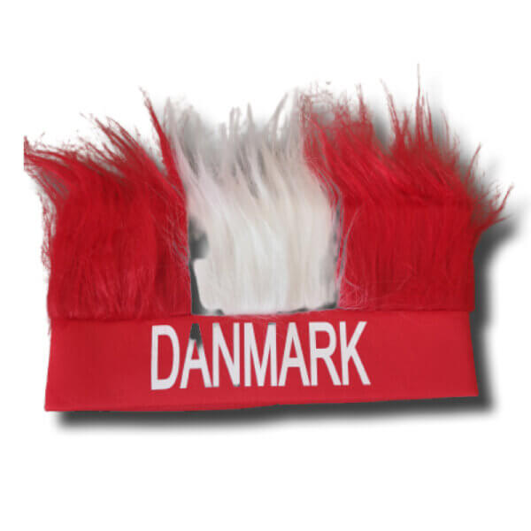 Danmark merchandise fanartikler, pandebånd med hår, rødt hvidt, dansk flag