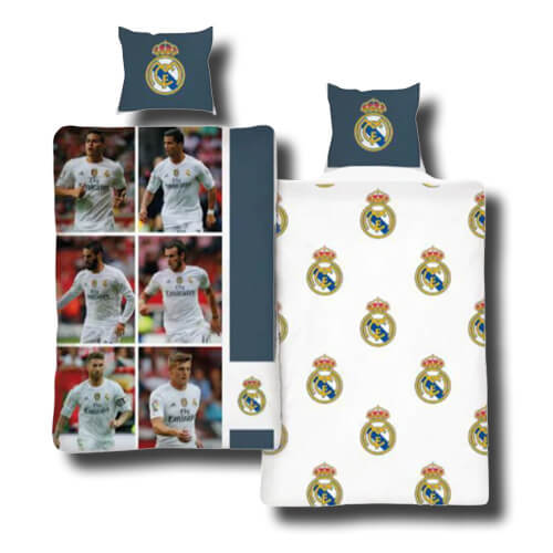 Sengesæt, sengetøj, Real Madrid, dynebetræk, hovedpudebetræk, Real Madrid logo, Real Madrid fodboldspillere, blå, hvid, bomuld,